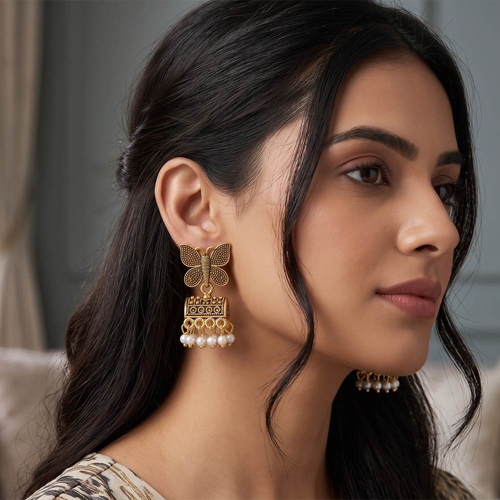 Urthn Antique Gold Plated Butterfly & Pearl Jhumki Earrings for Women(Pack Of 6)