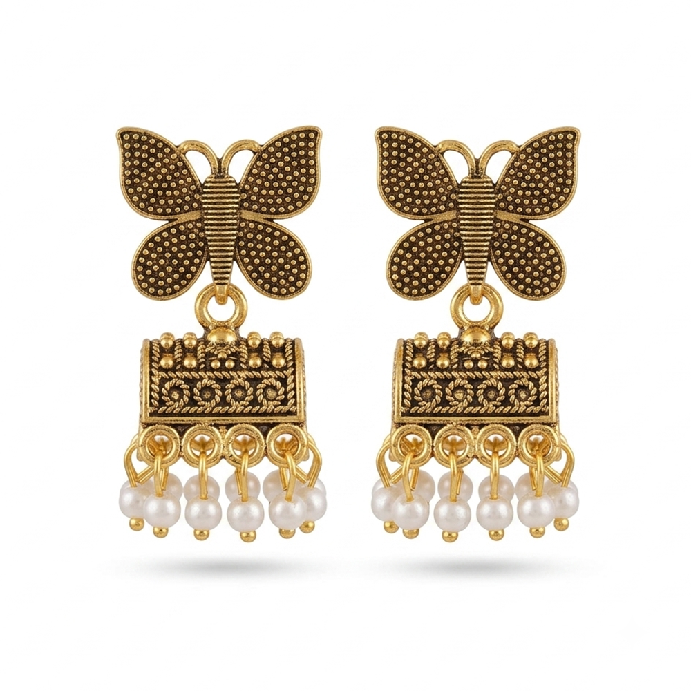 Urthn Antique Gold Plated Butterfly & Pearl Jhumki Earrings for Women(Pack Of 6)