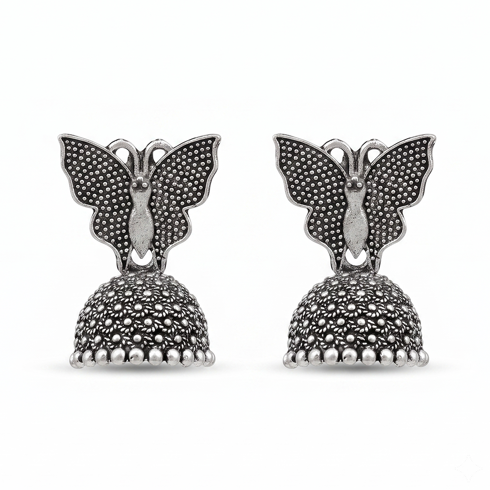 Urthn Oxidised Silver Plated Traditional Butterfly Shape Jhumki Earrings for Women(Pack Of 6)