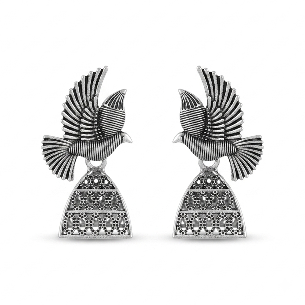 Urthn Oxidised Silver Plated Traditional Bird Shape Jhumki Earrings for Women(Pack Of 6)