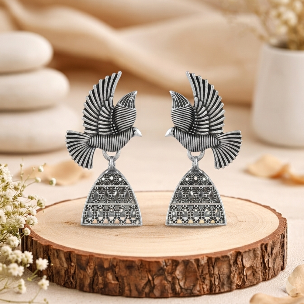 Urthn Oxidised Silver Plated Traditional Bird Shape Jhumki Earrings for Women