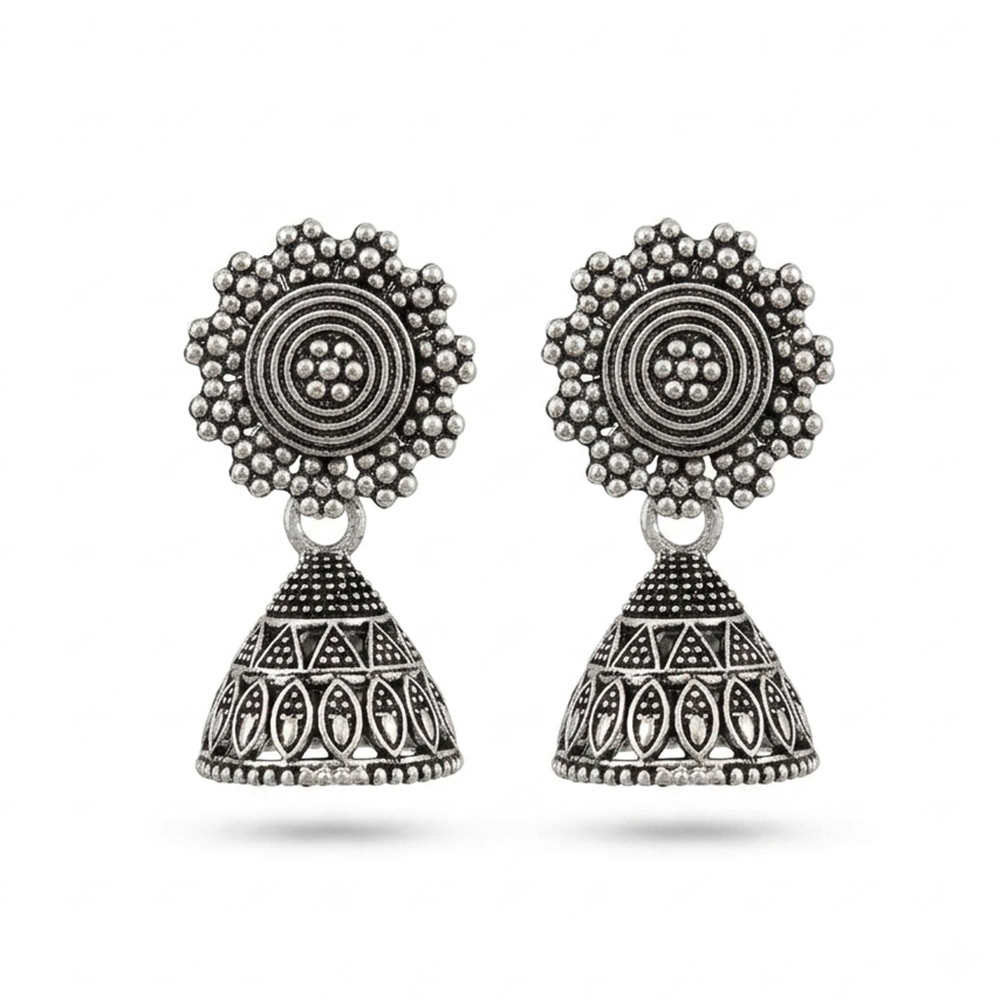 Urthn Oxidised Silver Plated Traditional Jhumki Earrings for Women(Pack Of 6)