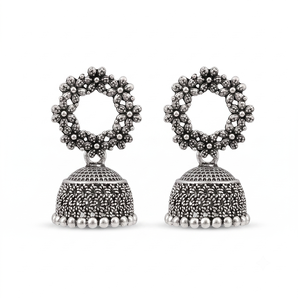 Urthn Oxidised Silver Plated Traditional Jhumki Earrings for Women(Pack Of 6)