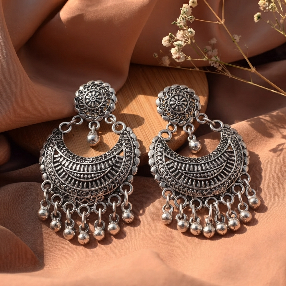Urthn Oxidised Silver Plated Traditional Jhumki Earrings for Women