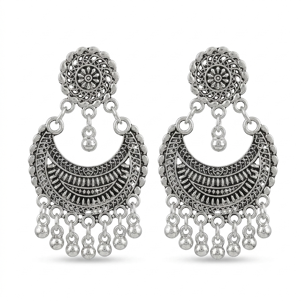 Urthn Oxidised Silver Plated Traditional Jhumki Earrings for Women(Pack Of 6)