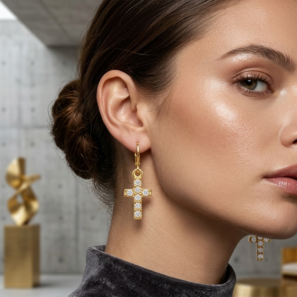 Urthn Gold Plated Austrian stone Cross Shape Hoop Earrings for Women