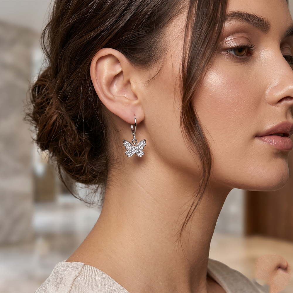 Urthn Silver Plated Austrian Stone Butterfly Shape Hoop Earrings for Women(Pack Of 6)