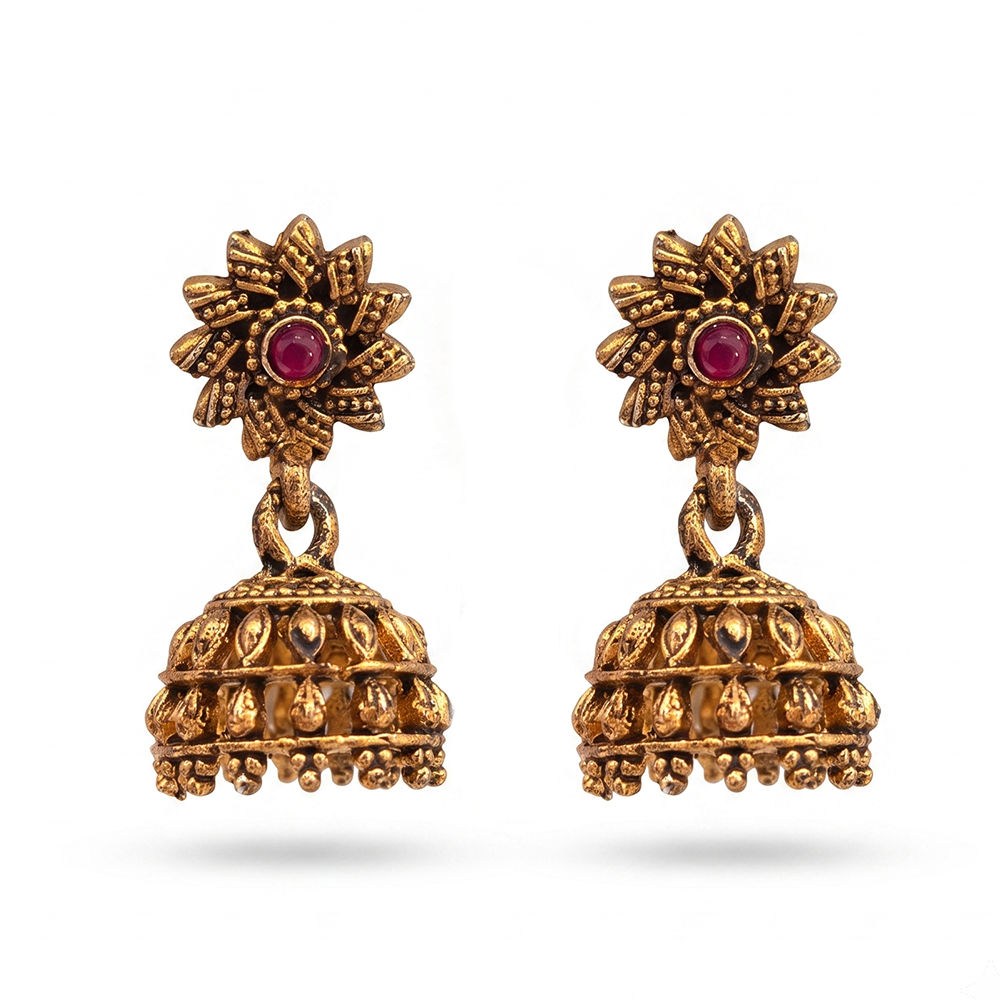 Urthn Antique Gold Plated Temple Jhumki Earrings(Pack of 6 )