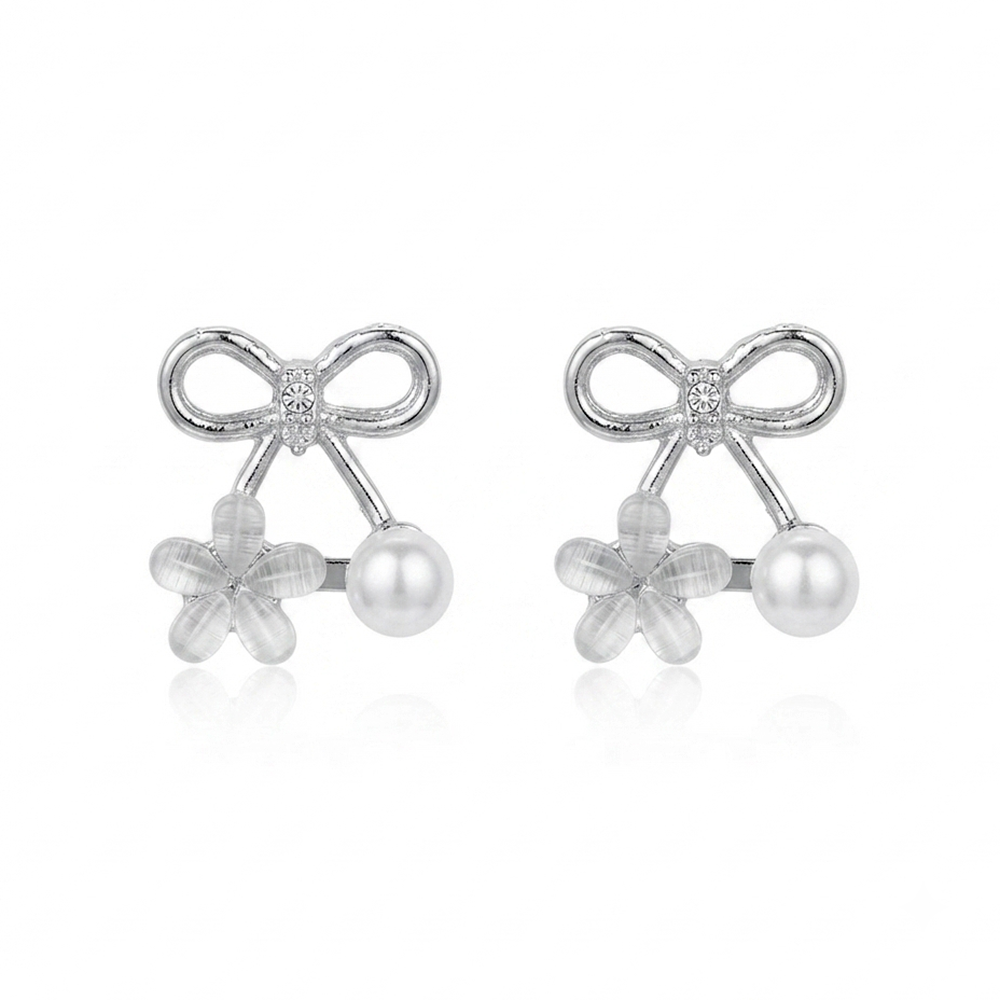 Urthn Korean Style Silver Plated Flower & Pearl Stud Earrings (Pack of 6 )