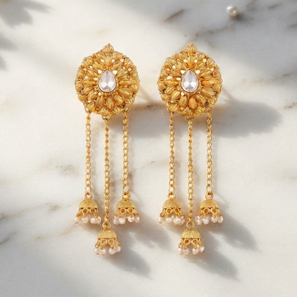Urthn Traditional Gold Plated Pearl Chain Kashmiri Jhumki Earrings for Women(Pack of 3)