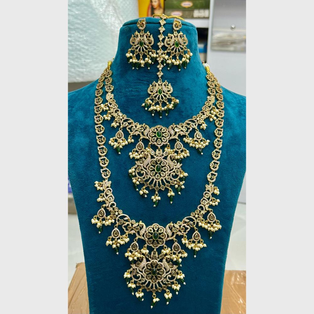 Sona Covering Shining Gold Plated American Diamond And Pearl Double Necklace Combo