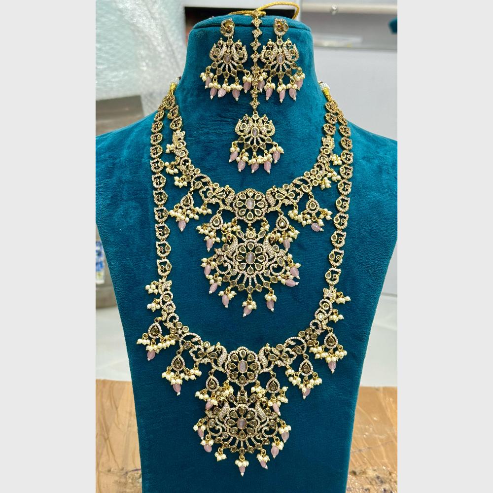 Sona Covering Shining Gold Plated American Diamond And Pearl Double Necklace Combo
