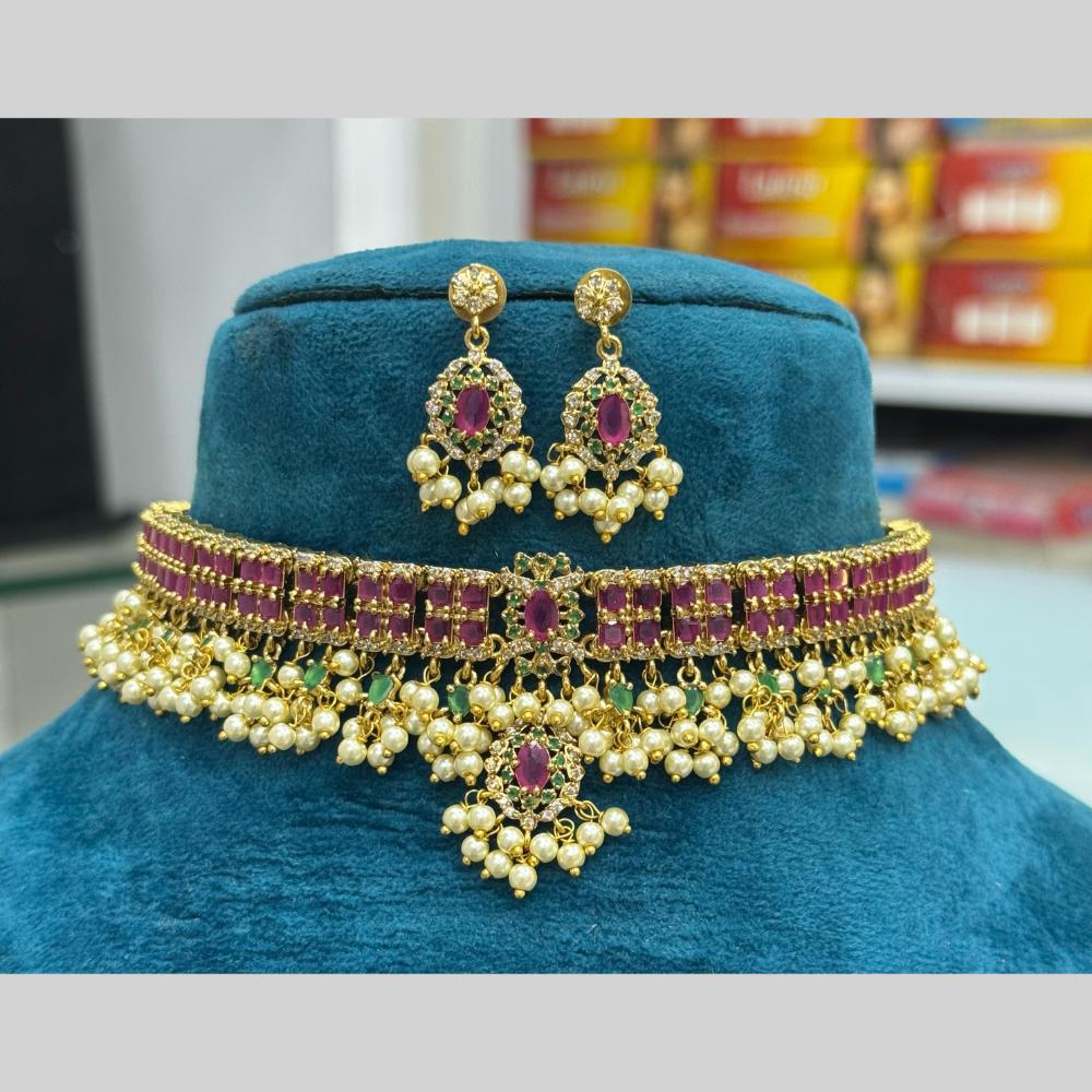 Sona Covering Gold Plated Pota Stone And Pearl Choker Necklace Set Necklace Set