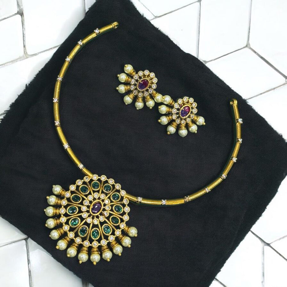 Sona Covering Gold Plated Pota Stone And Beads Necklace Set