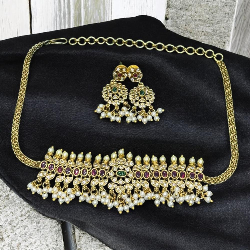 Sona Covering Gold Plated Pota Stone And Beads Choker Necklace Set