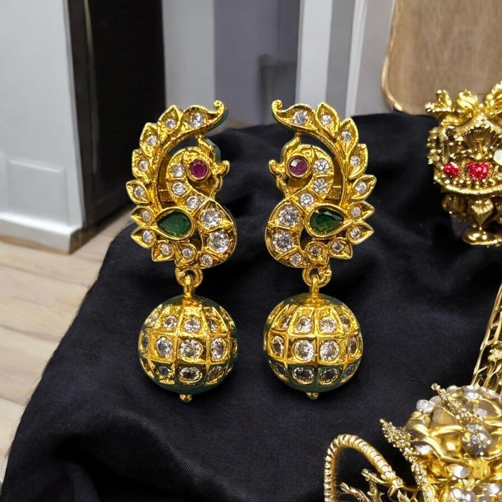 Sona Covering Elegant Gold Plated Pota Stone And Austrian Jhumki Earrings