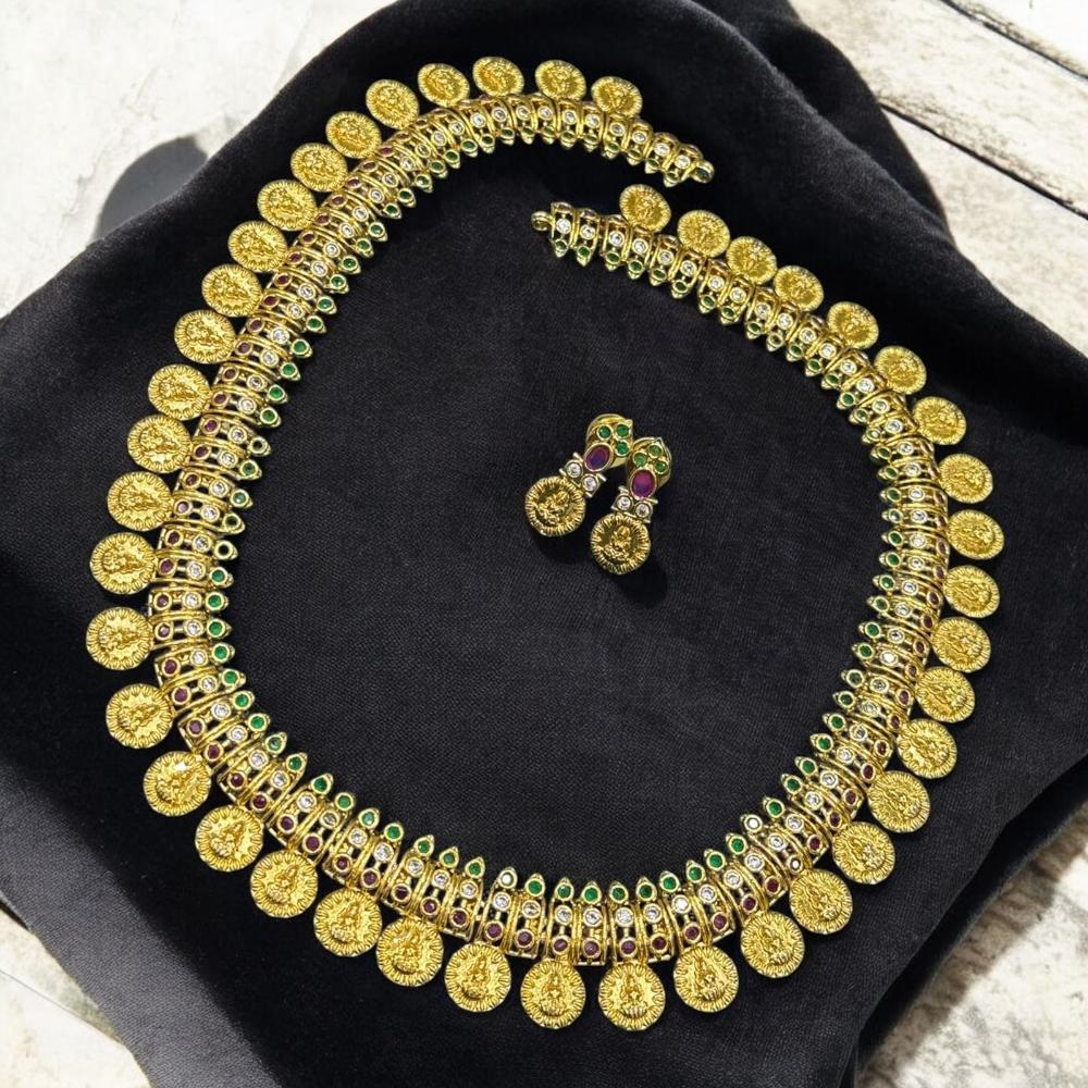 Sona Covering Traditional Lakshmi coin motifs Necklace Set With  Pota Stones