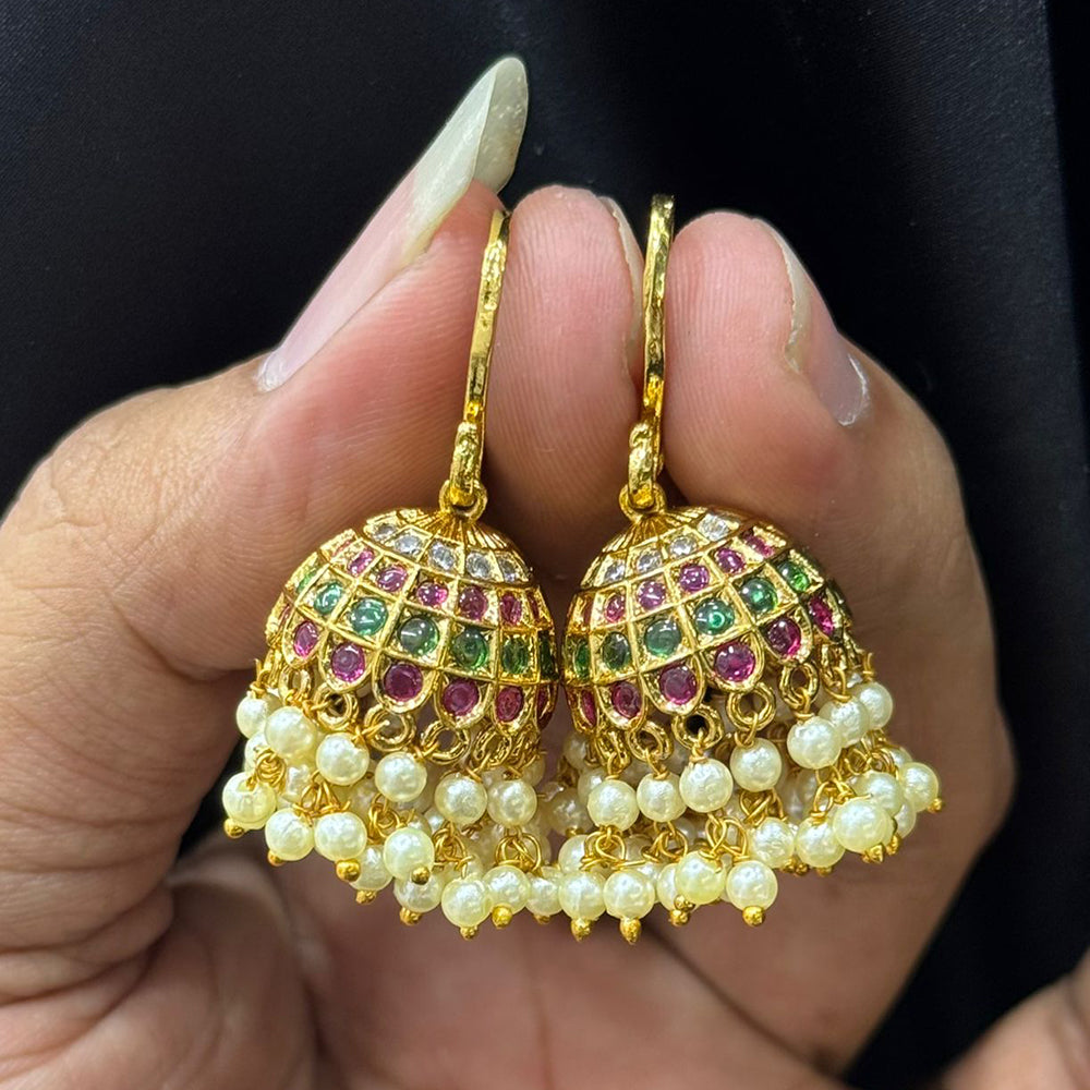 Sona Covering Gold Plated Pota And Austrian Stone Pearls Jhumki Earrings