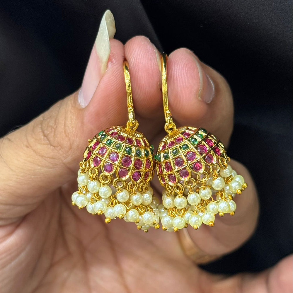 Sona Covering Gold Plated Pota And Austrian Stone Pearls Jhumki Earrings
