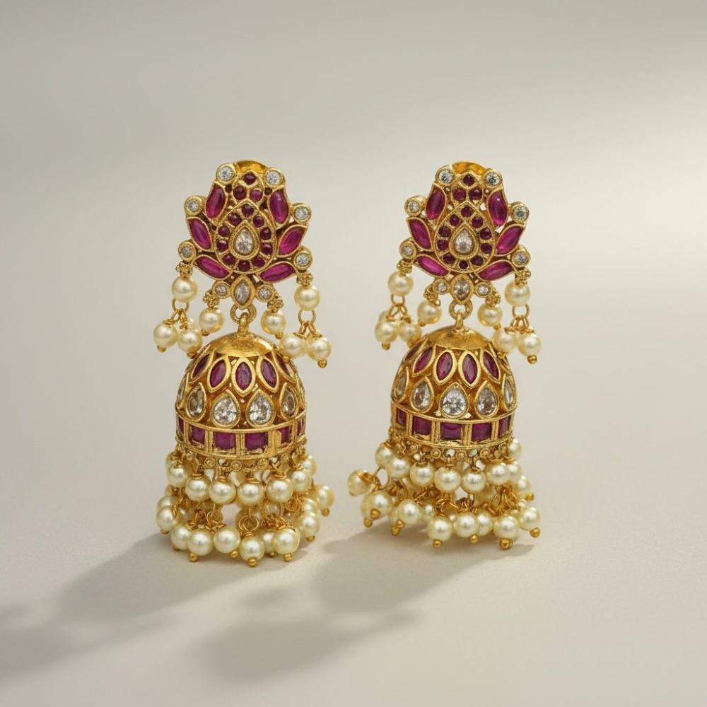 Sona Covering Graceful Austrian Stone And Pota Stone Pearl Jhumki Earrings