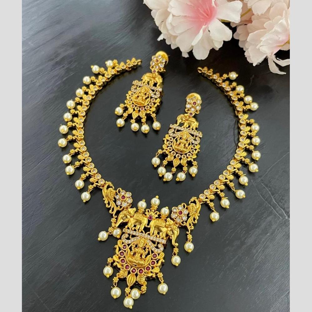 Sona Covering Elegant Pota Stone And Pearl Jewellery Temple Necklace Set