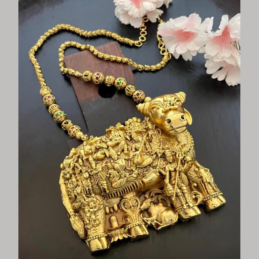 Sona Covering Gold Plated Jadau Pota Stone And Pearl Temple Long Necklace Set