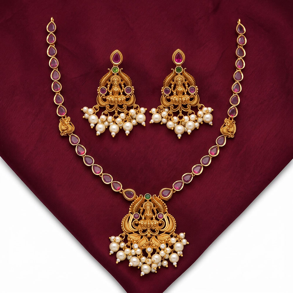 Sona Covering Delicate Pota Stone And Beads Temple Necklace Set