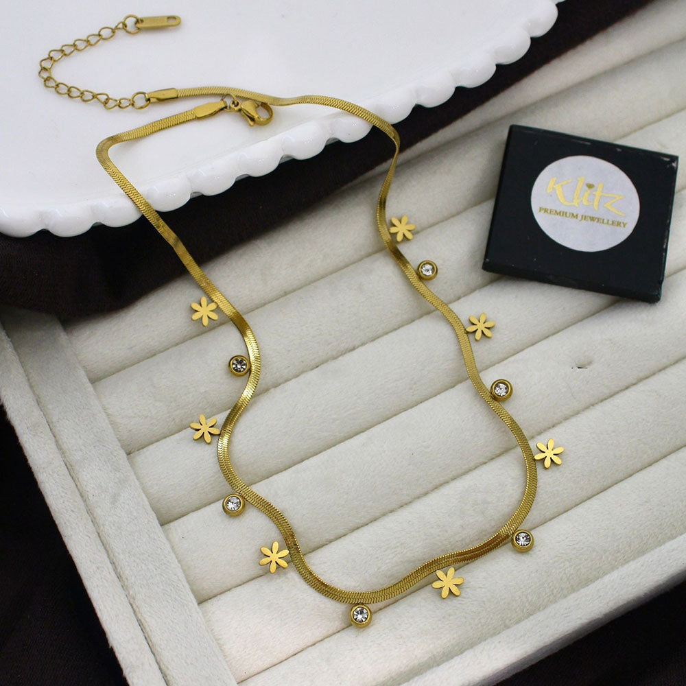 Klitz Classic Crystal Stone Floral Snake Chain Necklace
