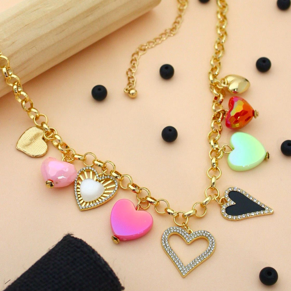 KlitzDesigner Stainless Steel Multi Colour Heart Charm Necklace for Women (Pack of 12)