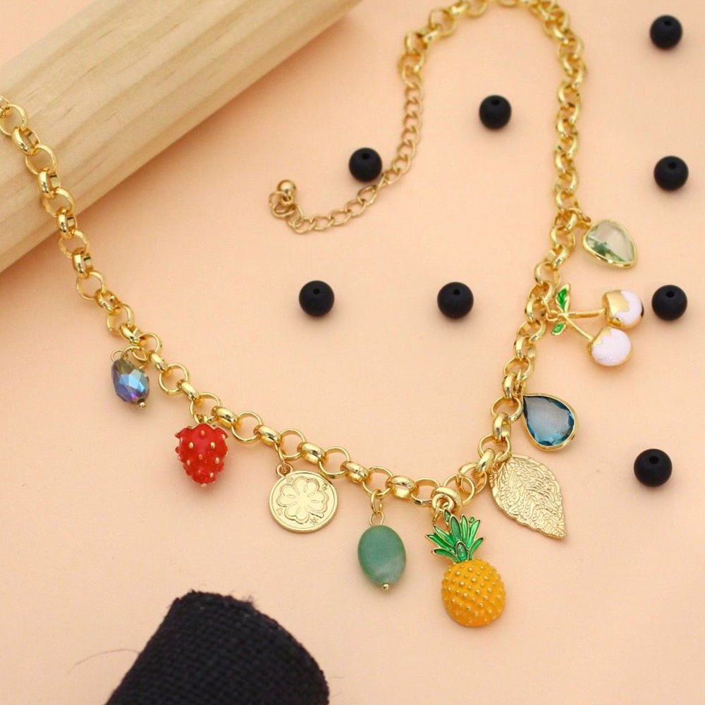 Klitz Designer Stainless Steel Multi Fruit Charm Necklace for Women(Pack of 12)