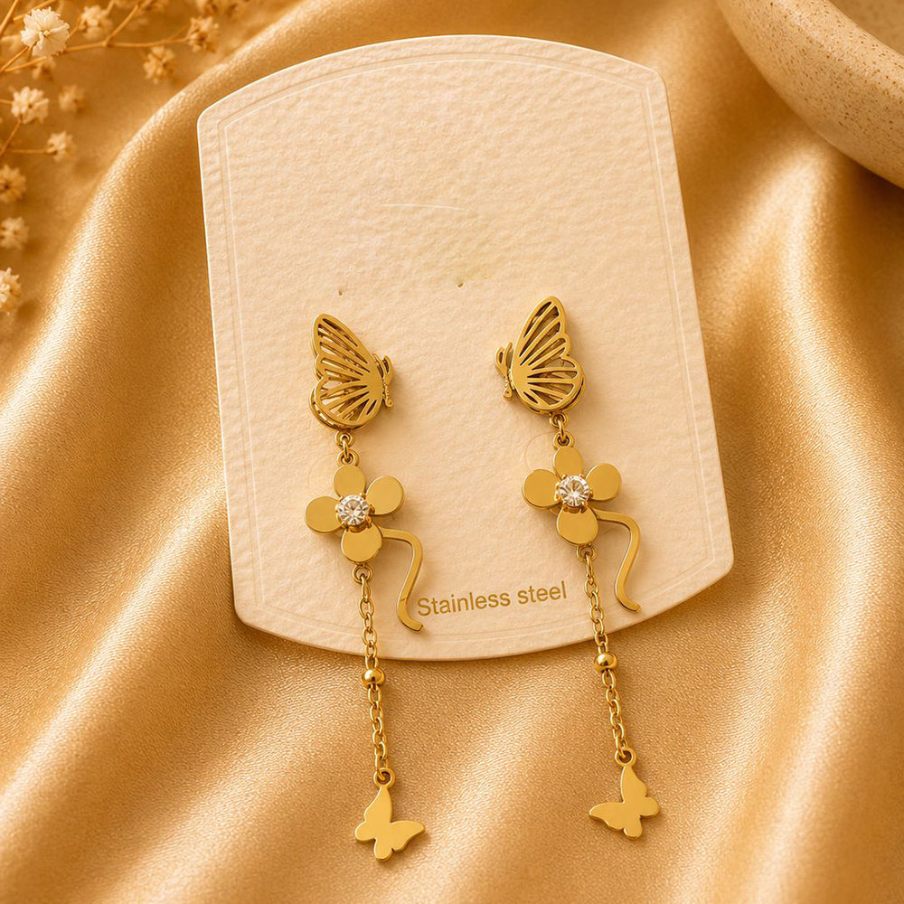 Klitz Elegant Butterfly And Flower Design Austrian Stone Dangler Earrings for Women (Pack of 12)