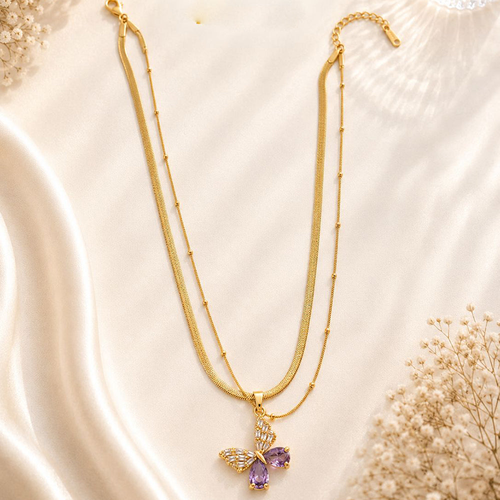 Klitz Premium Stainless Steel Herringbone Butterfly Shape Crystal Chain Necklace