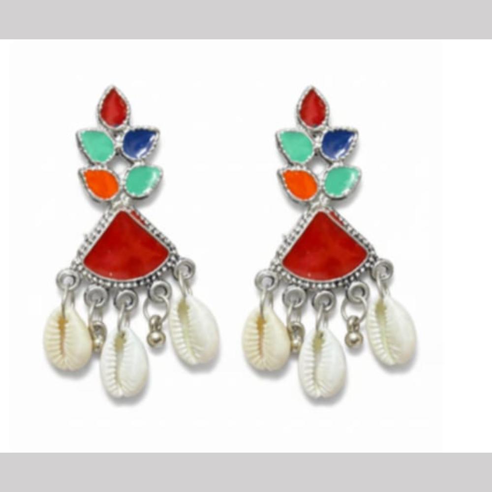 Dhirish International Heritage Oxidised Plated Meenakari Shell Dangler Earrings
