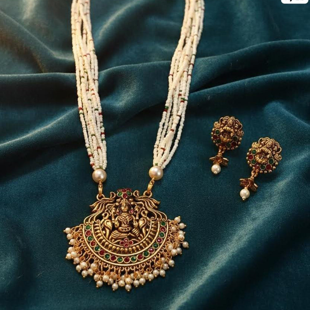 Dhirish International Traditional Pota Stone And Pearl Temple Necklace Set