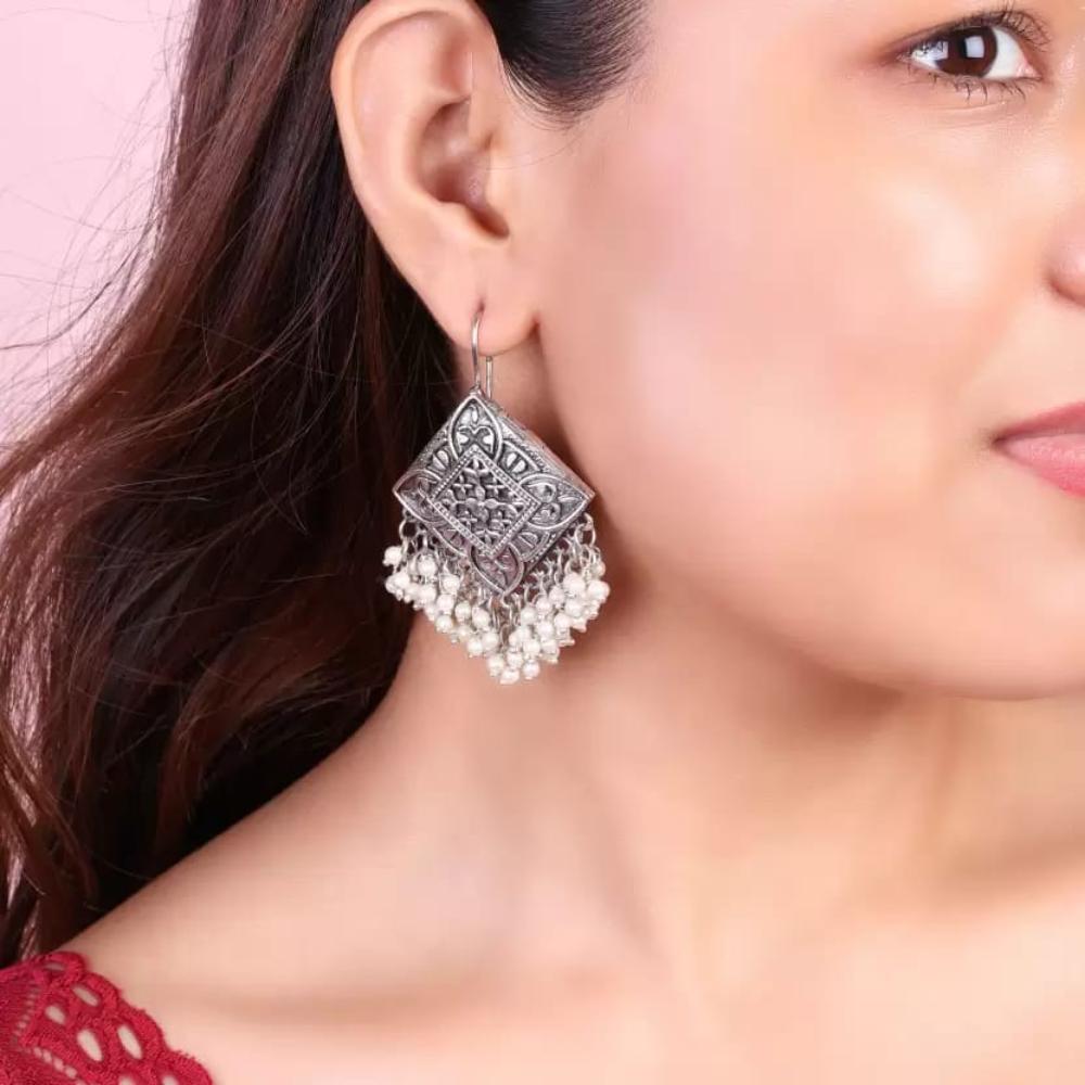 Dhirish International Stylish Oxidised Plated Pearl Dangler Earrings