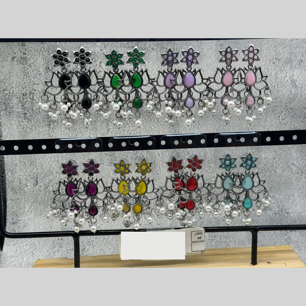 Raj Imitation Oxidised Plated Pota Stone And Pearl Premium Dangler Earrings for Women (Pack of 40)