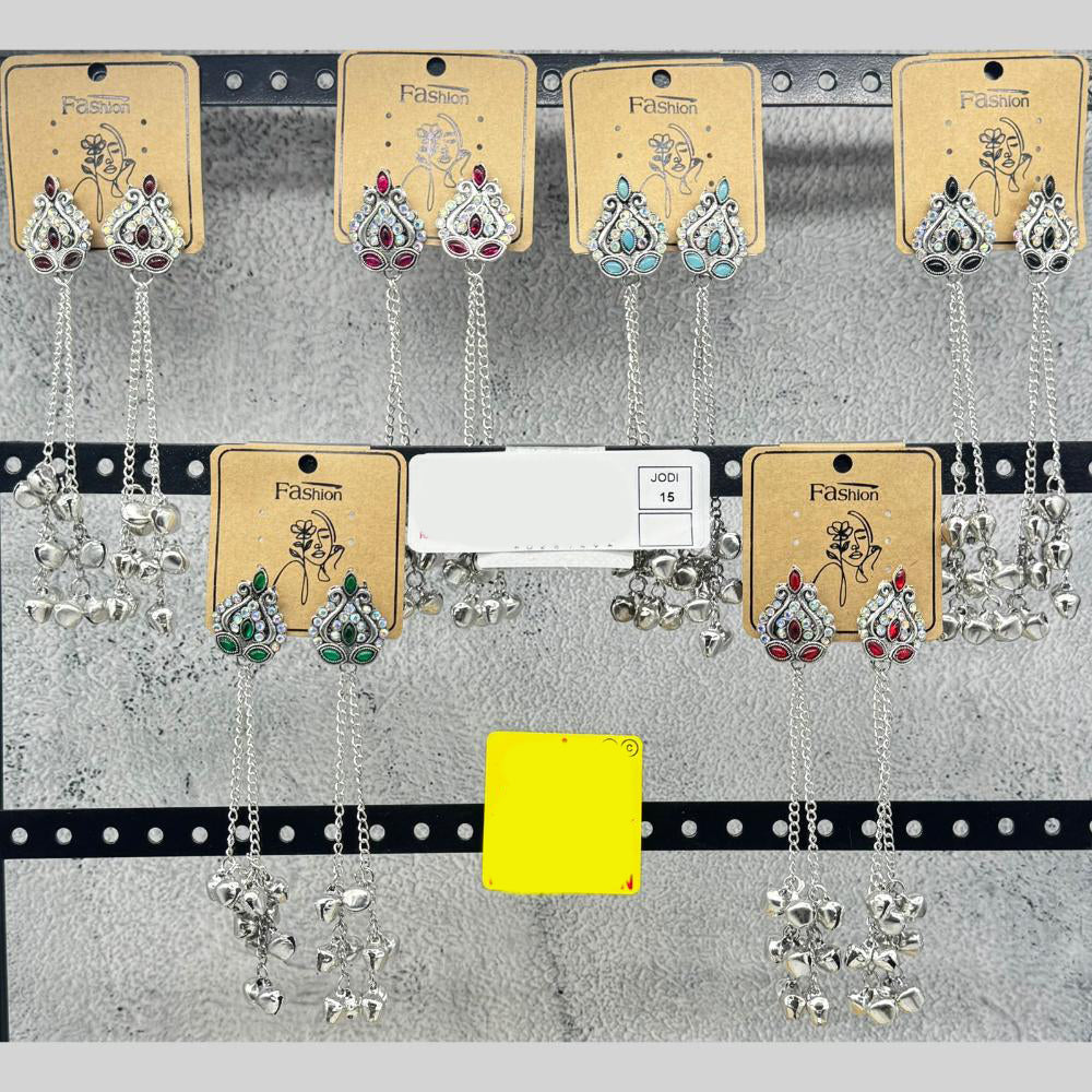 Raj Imitation Oxidised Plated Pota Stone And Ghungroo Kashmiri Dangler Earrings for Women (Pack of 15)