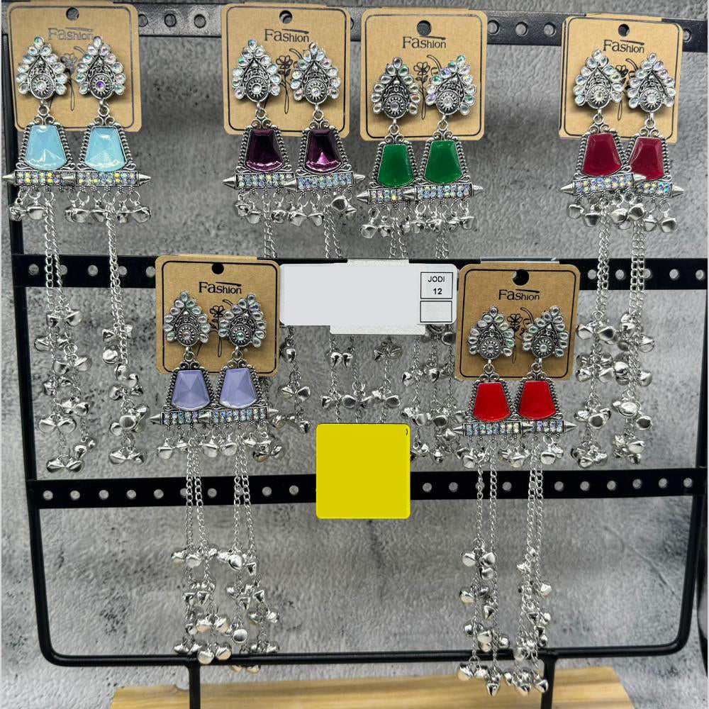 Raj Imitation Oxidised Plated Pota Stone And Ghungroo Kashmiri Dangler Earrings for Women (Pack of 12)