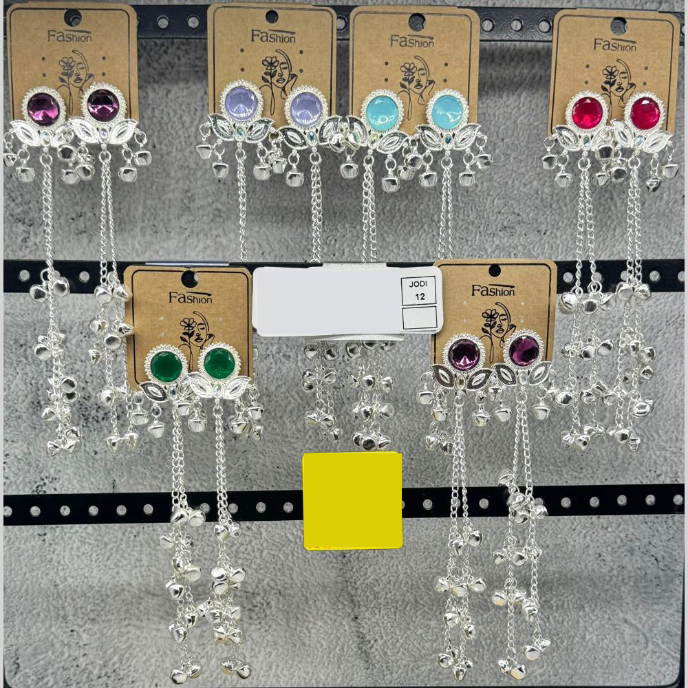 Raj Imitation Silver Plated Pota Stone And Ghungroo Kashmiri Dangler Earrings for Women (Pack of 16)
