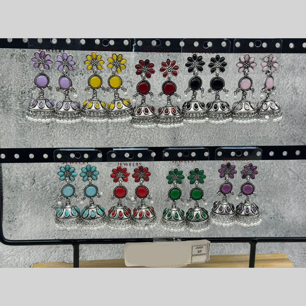 Raj Imitation Oxidised Austrian Stone And Pearl Jhumki Earrings (Set of 27)