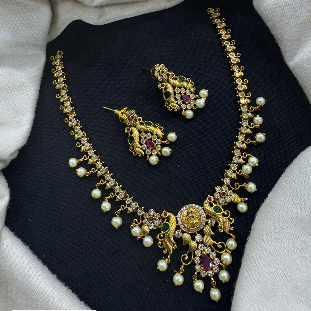Tanish Art Jewellery Temple Elegance Austrain Stone And Pearl Statement Necklace Set