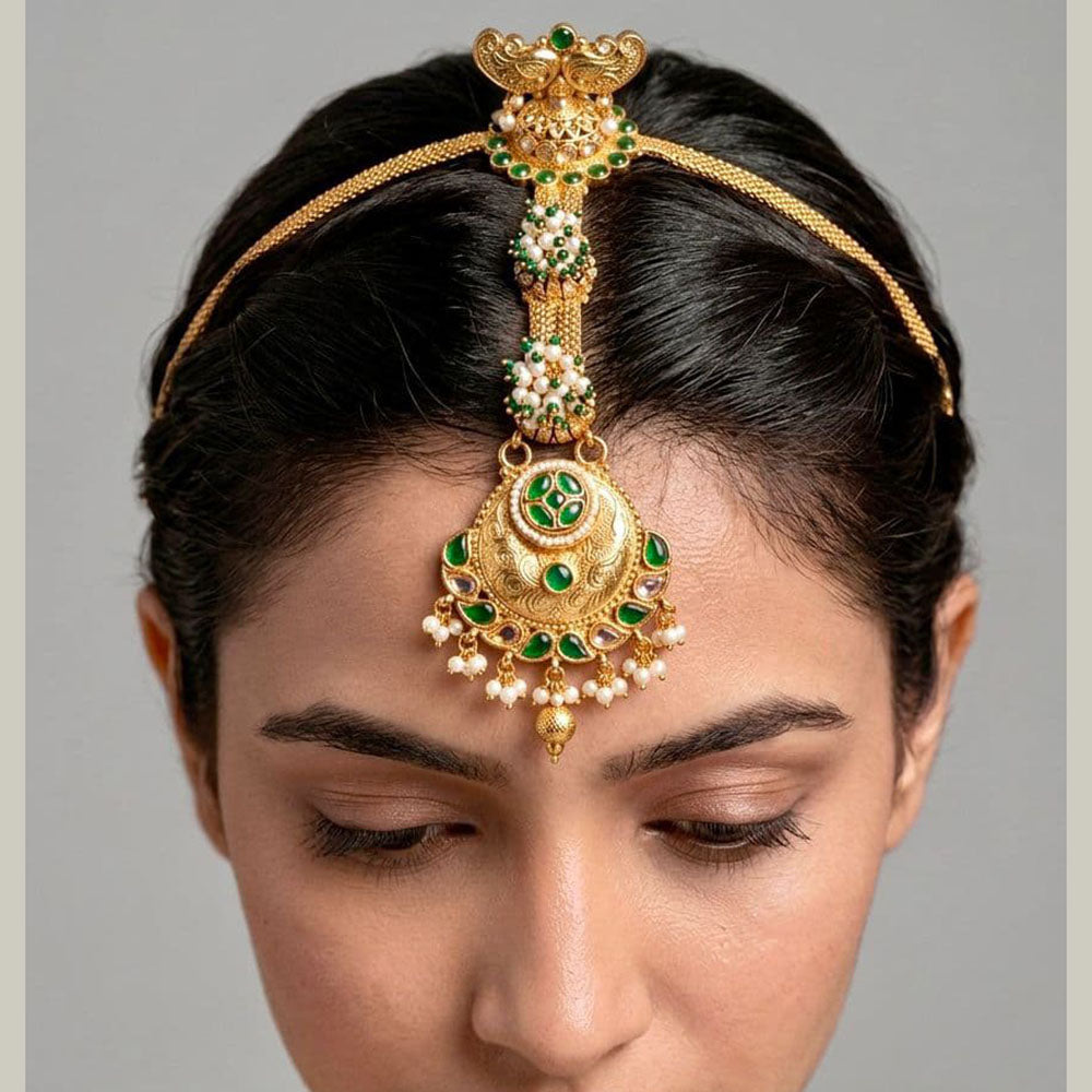 Tanish Art Jewellery Grand Bridal Pota Stone And Pearl Sheeshphool Maangtikka