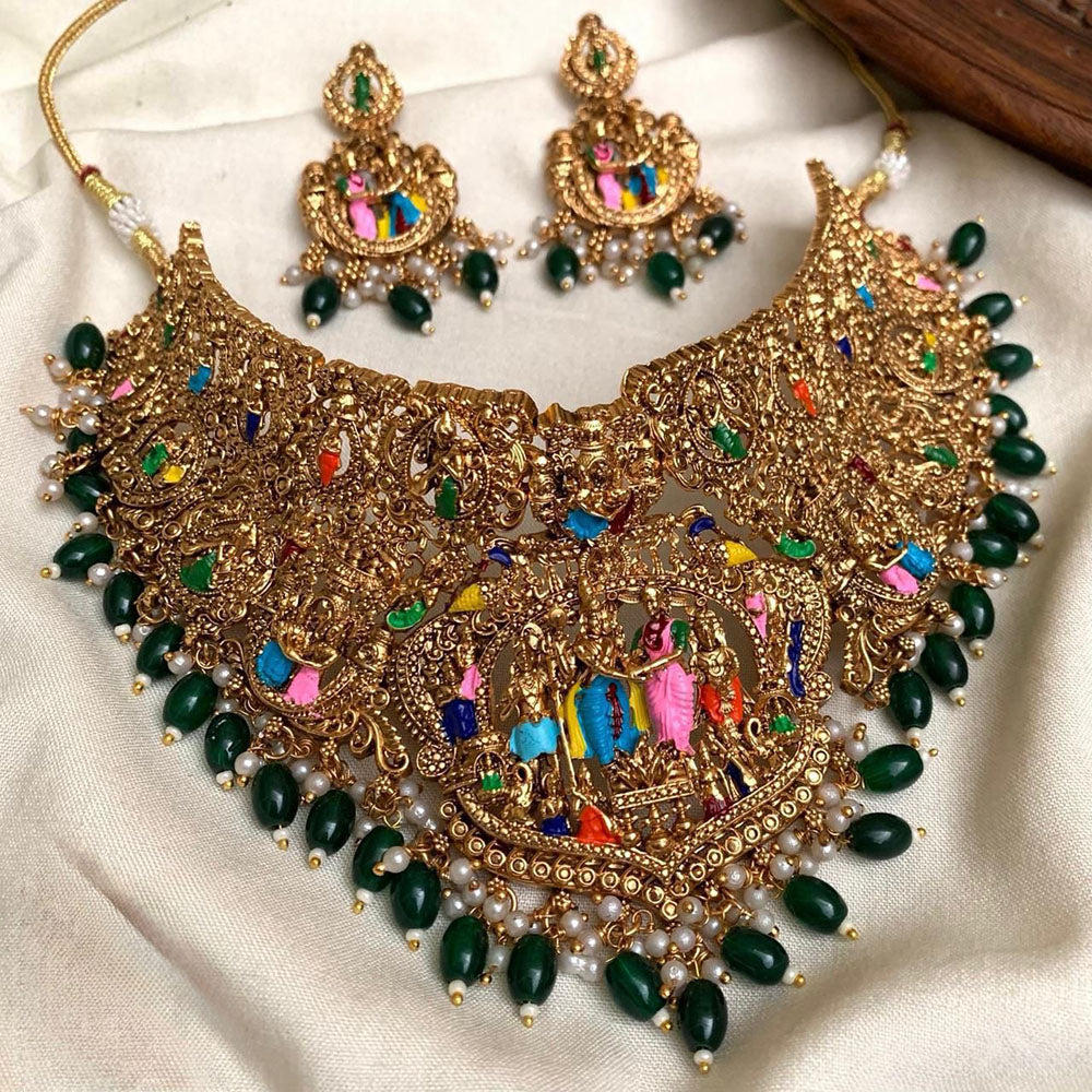 Tanish Art Jewellery Pearl And Beads Heritage Meenakari Temple Choker Necklace Set