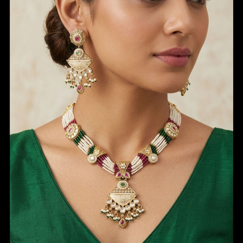 Tanish Art Jewellery Pota Stone And Pearl Meenakari Necklace Set