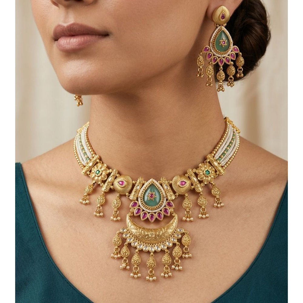 Tanish Art Jewellery Pota Stone And Pearl Necklace Set