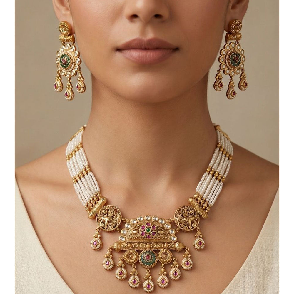 Tanish Art Jewellery Pota Stone And Pearl Necklace Set