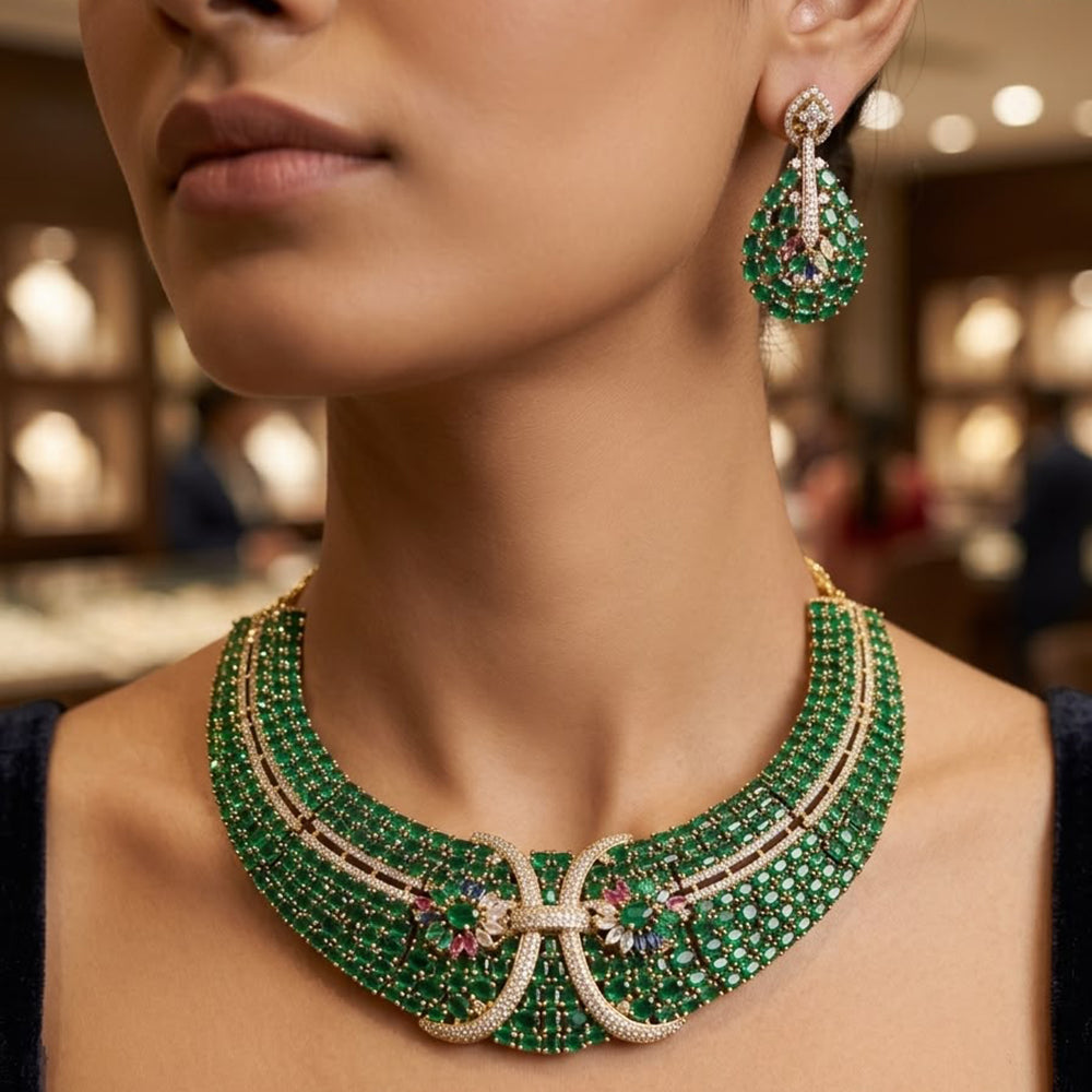 Tanish Art Jewellery Gold Plated Stunning American Diamond Royal Necklace Set