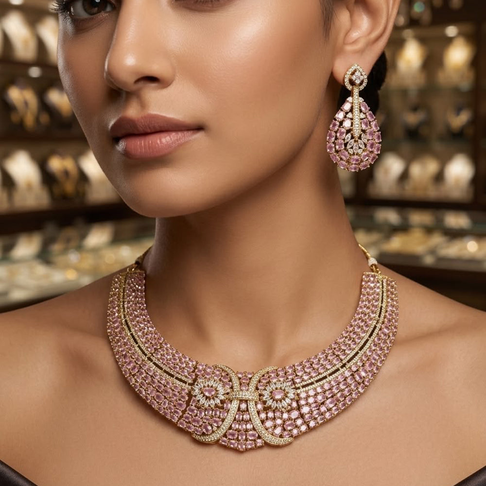 Tanish Art Jewellery Gold Plated Stunning American Diamond Royal Necklace Set