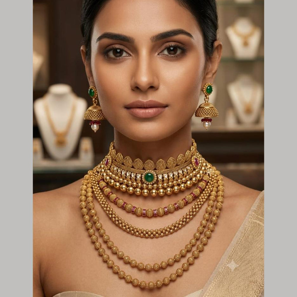 Tanish Art Jewellery Elegant Pota Stone And Pearl Multi Layer Necklace Set for Women