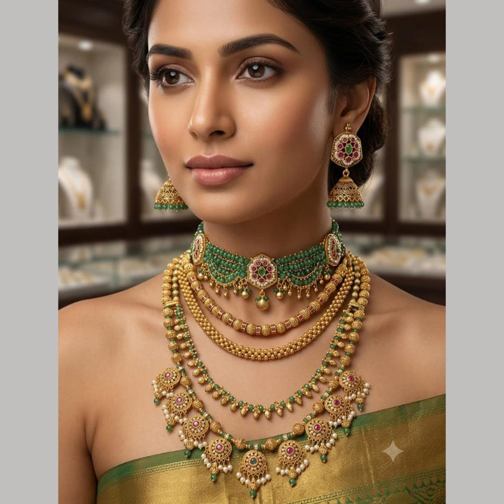 Tanish Art Jewellery Elegant Pota Stone And Pearl Multi Layer Necklace Set for Women